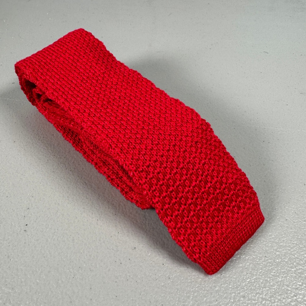 Lands End Neck Tie Red Cotton Square Knit Skinny Slim Made In USA Vintage - Picture 2 of 11
